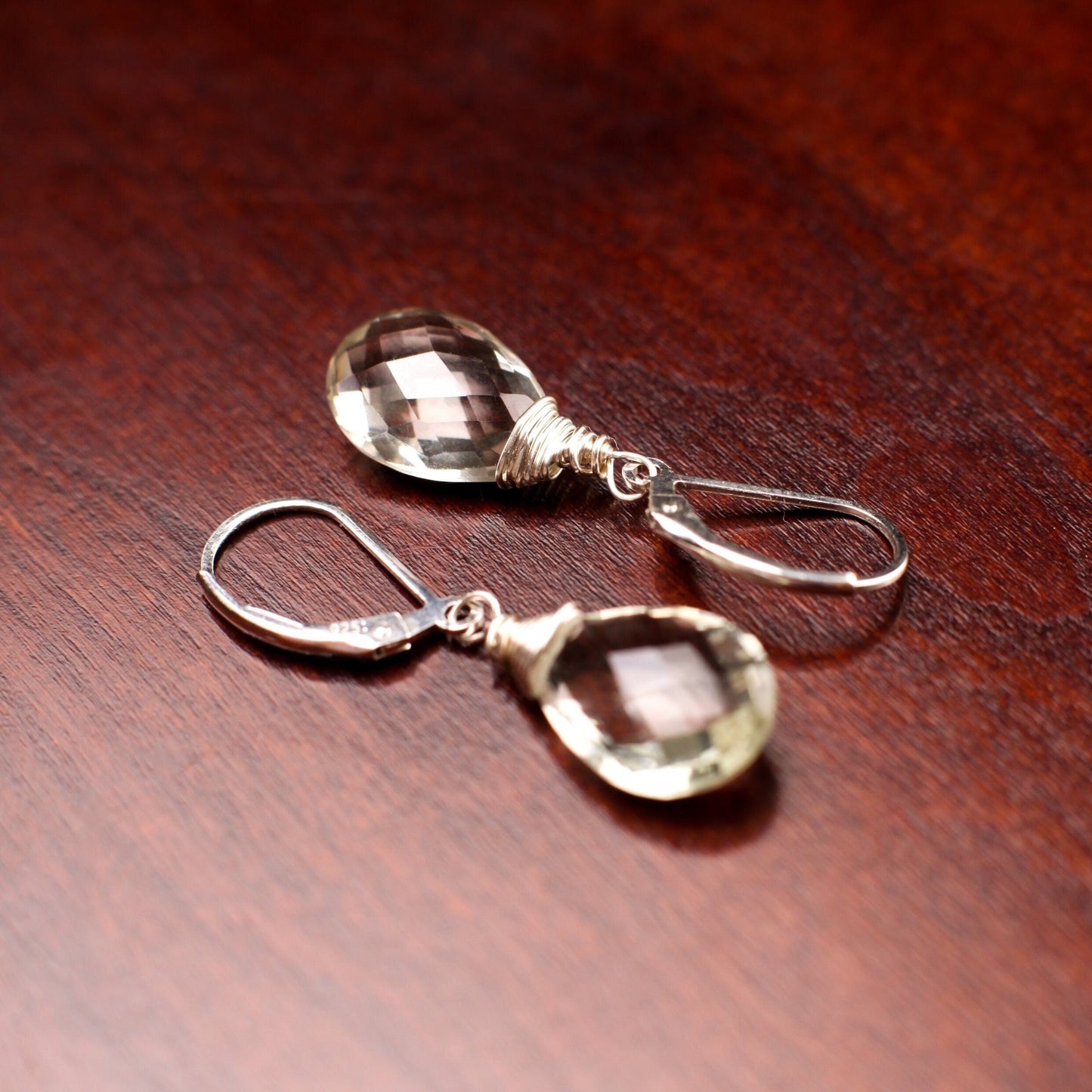 Green Amethyst,Genuine Prasiolite Faceted Teardrop, cut gemstone Wire Wrapped Earrings, 12x16mm drop in 925 Sterling Silver,14k goldfilled