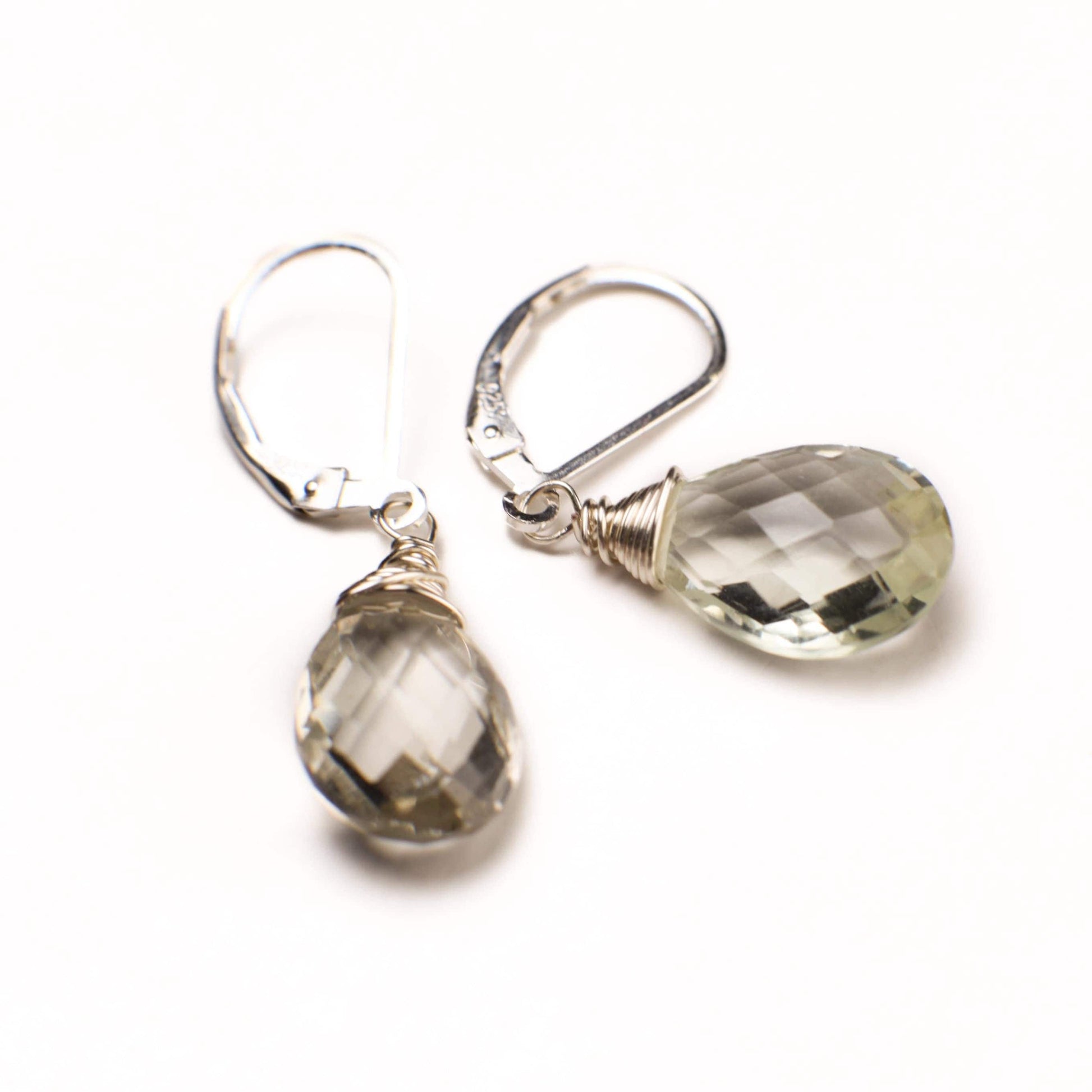 Green Amethyst,Genuine Prasiolite Faceted Teardrop, cut gemstone Wire Wrapped Earrings, 12x16mm drop in 925 Sterling Silver,14k goldfilled