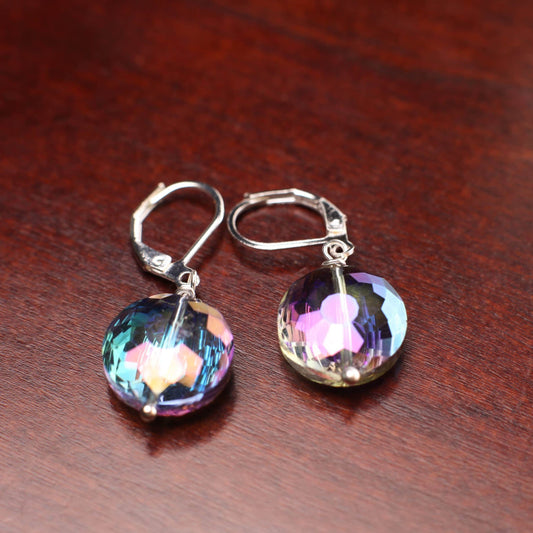 Purple AB Rainbow 14mm Disk Aurora borealies Swarovski Crystal Leverback Earrings, Valentine Gift