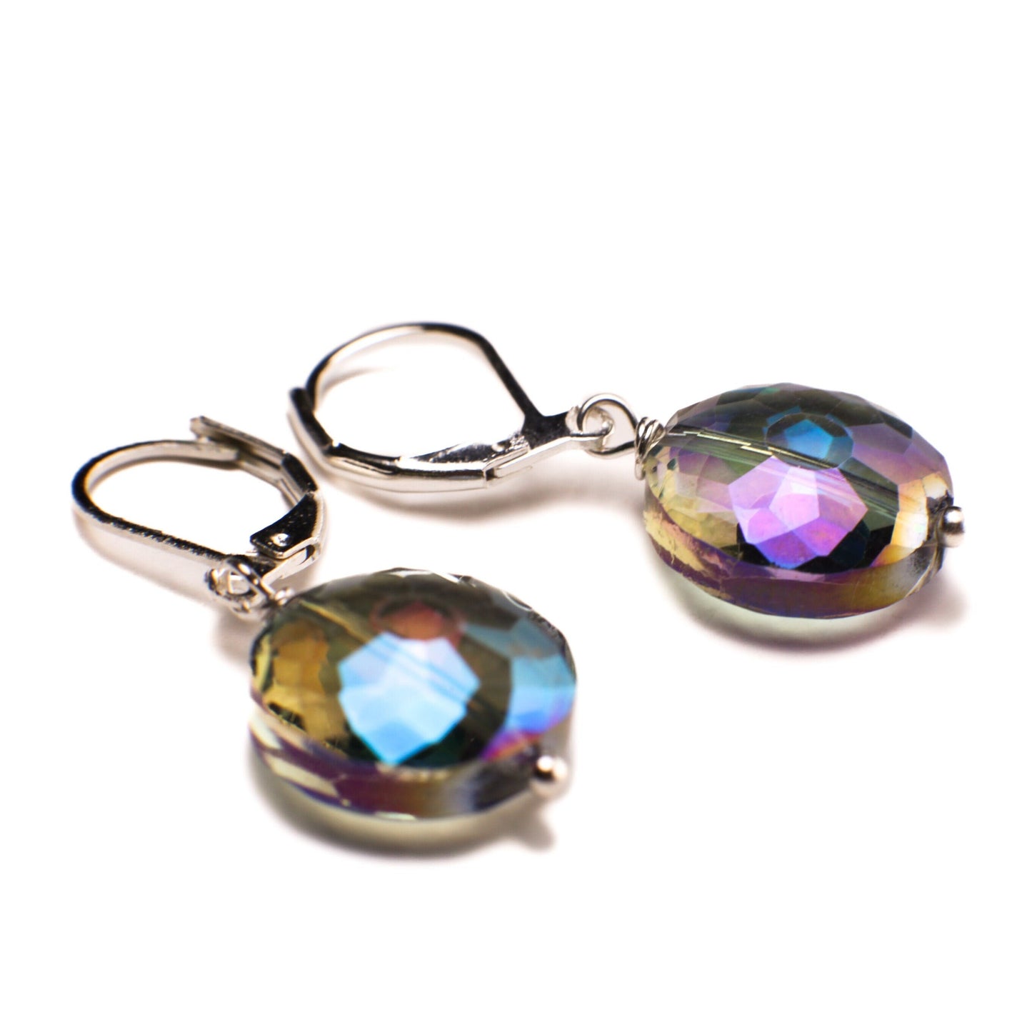 Purple AB Rainbow 14mm Disk Aurora borealies Swarovski Crystal Leverback Earrings, Valentine Gift