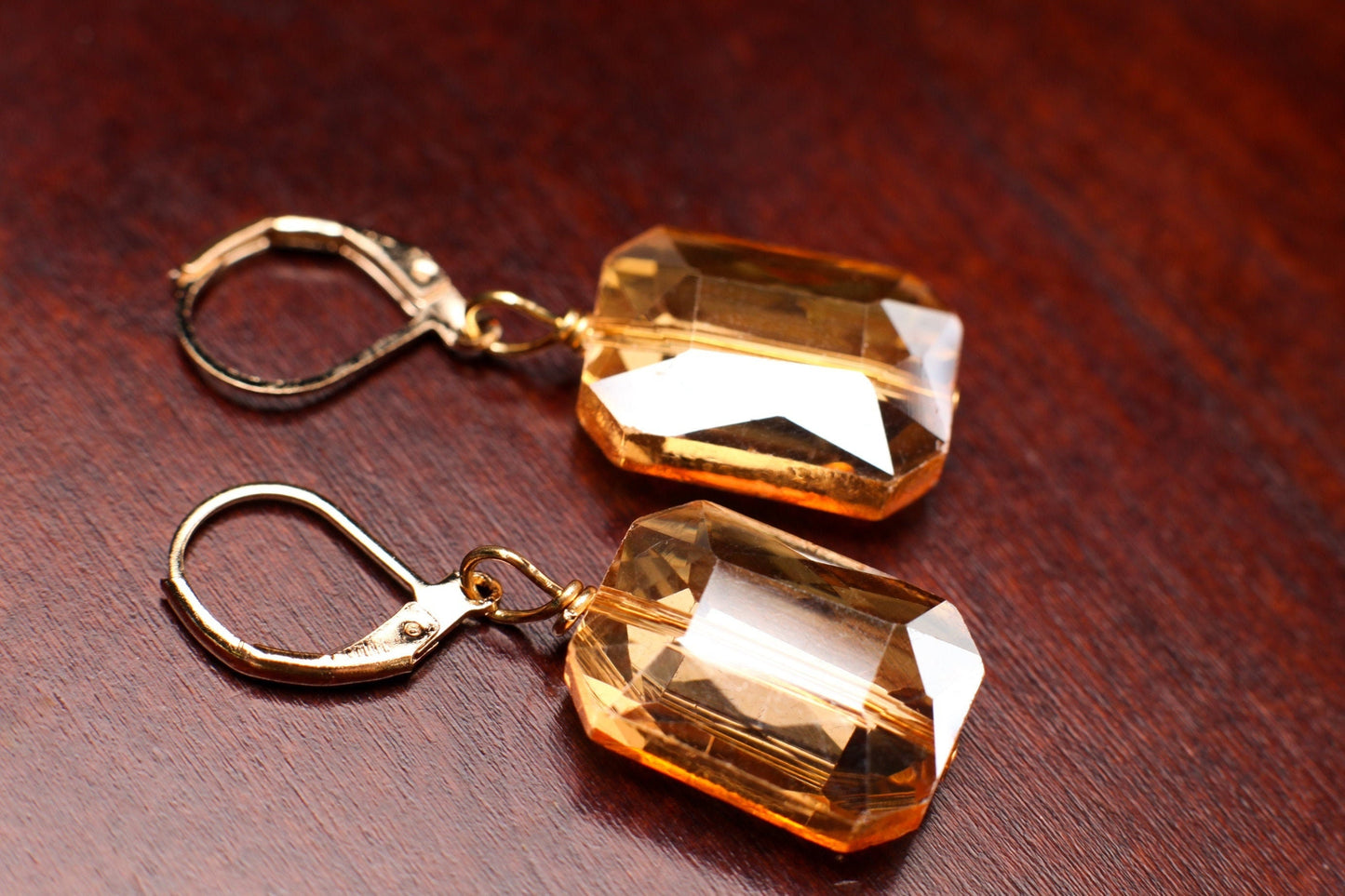 Yellow Topaz color Faceted Pillow Shape Czech Crystal 13x18mm Gold Leverback Dangling Earrings, Valentine Gift