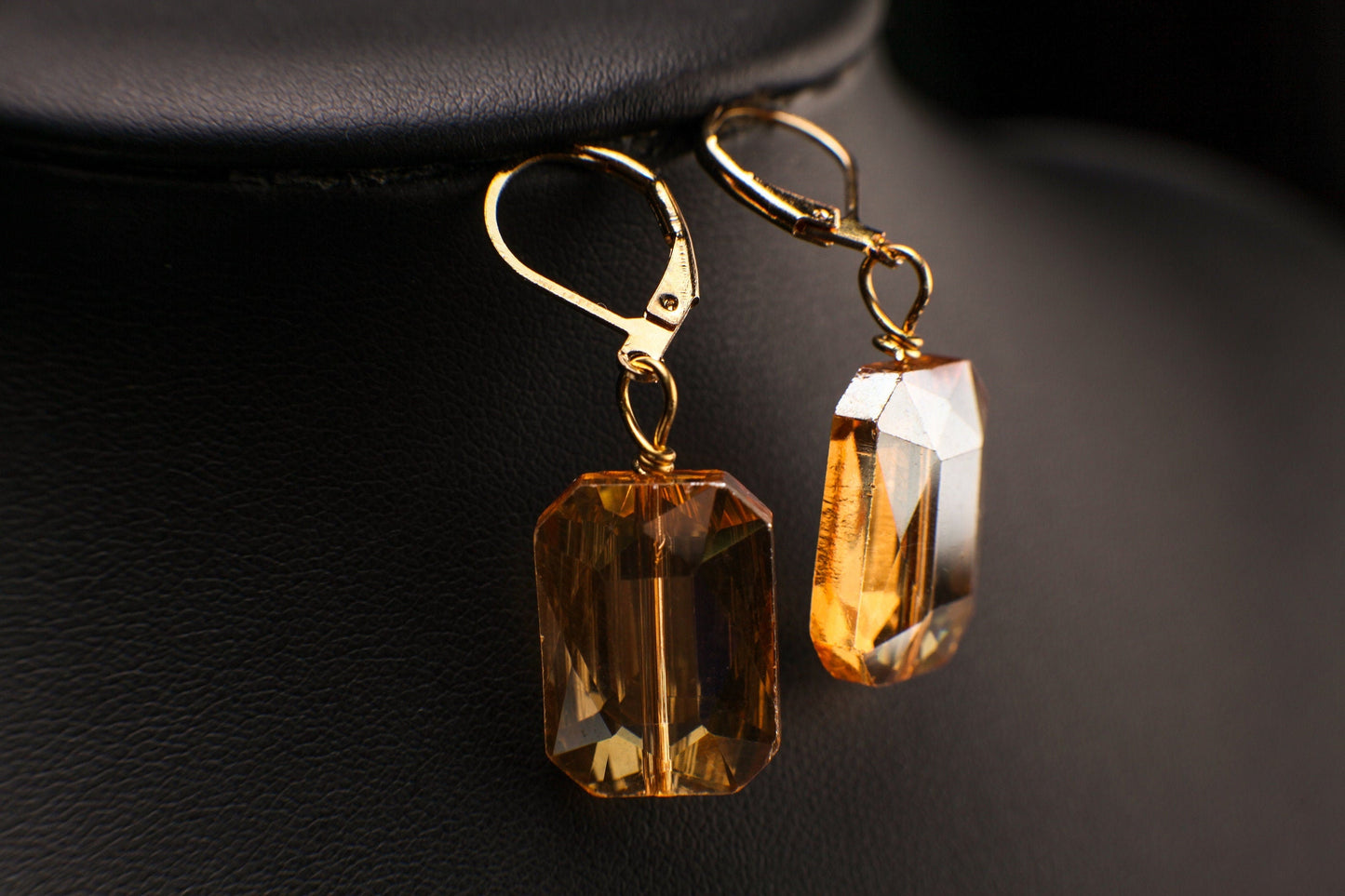 Yellow Topaz color Faceted Pillow Shape Czech Crystal 13x18mm Gold Leverback Dangling Earrings, Valentine Gift