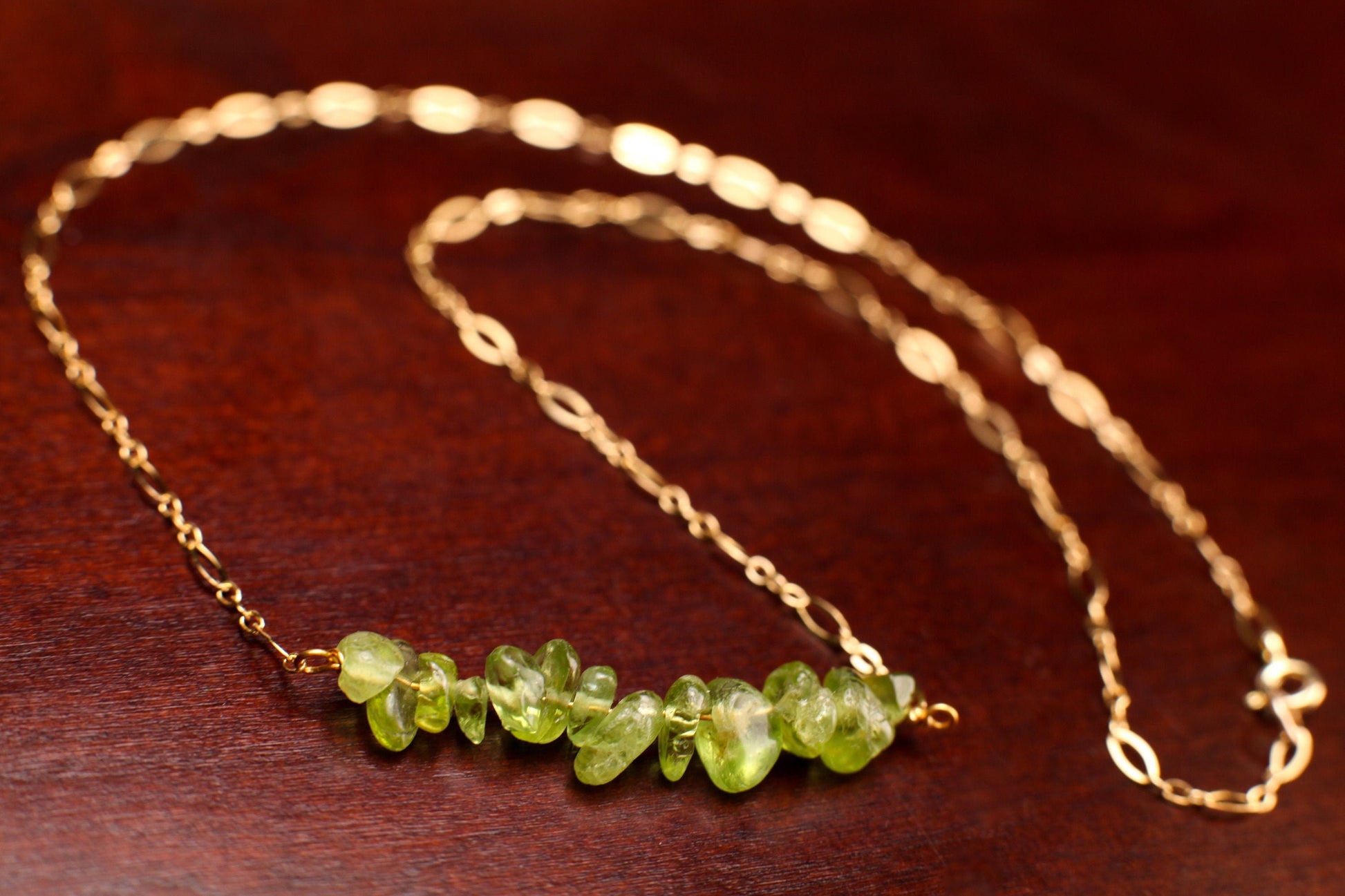 Natural Peridot 5-9mm Freeform Nugget, 14K Gold Filled, 925 Sterling Silver Bar Necklace, Healing Crystal, Chakra, August Birthstone