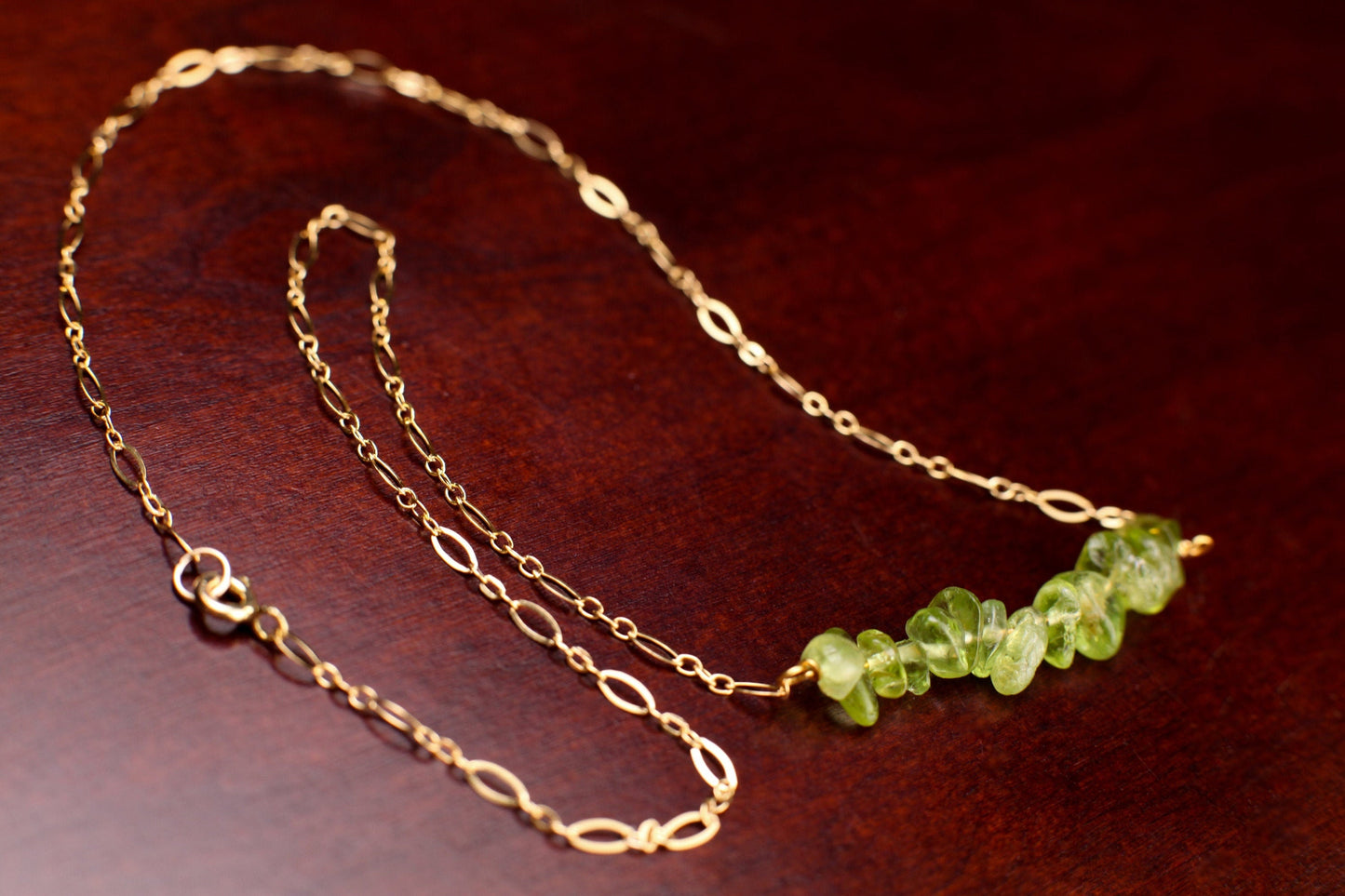 Natural Peridot 5-9mm Freeform Nugget, 14K Gold Filled, 925 Sterling Silver Bar Necklace, Healing Crystal, Chakra, August Birthstone