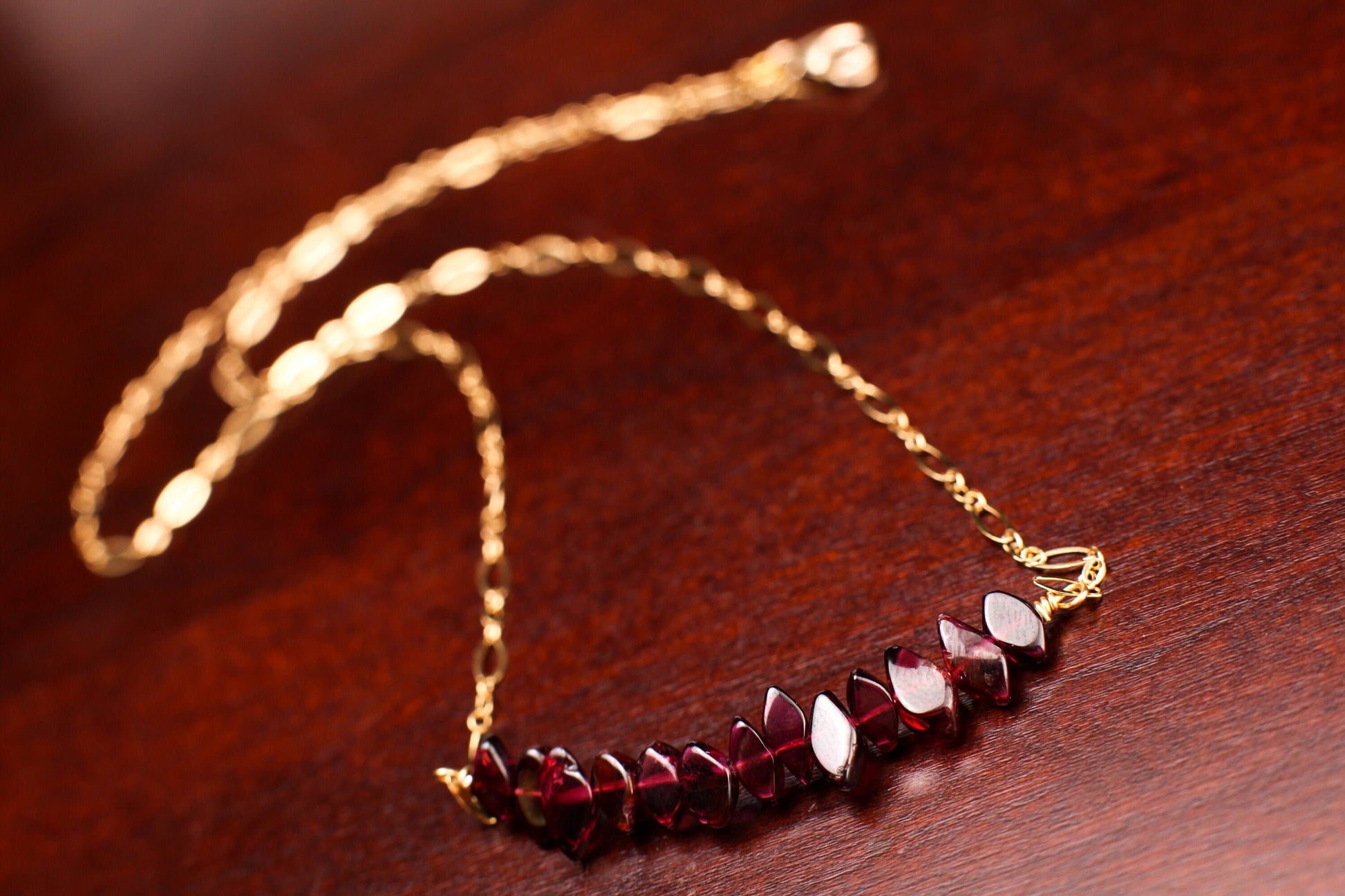 Genuine Garnet 6-9mm Freeform, 14K Gold Filled, 925 Sterling Silver Bar Necklace, Healing Crystal, Chakra, January Birthstone