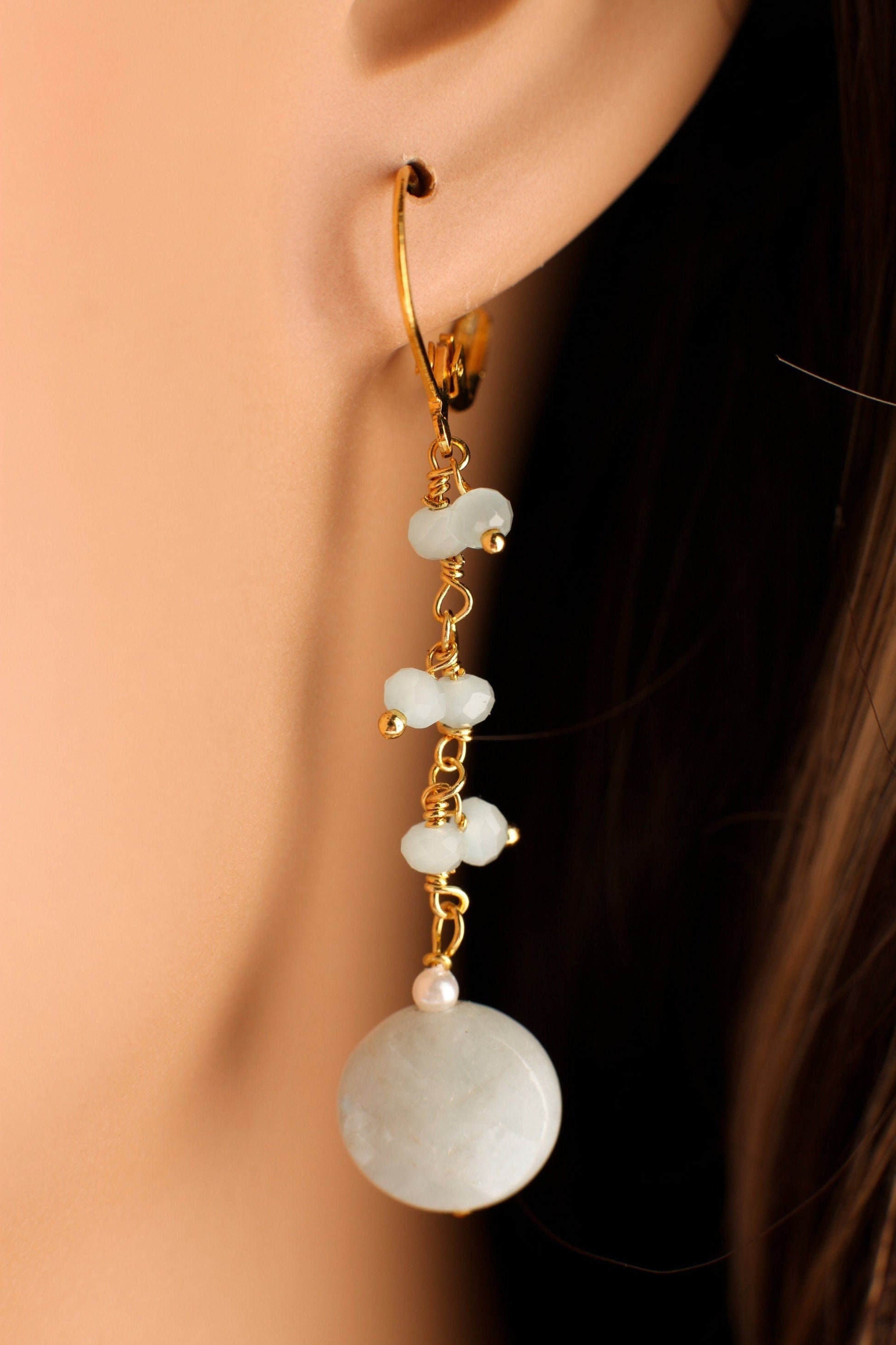 Aquamarine 12mm faceted Dime Dangling with Aqua Quartz Clusters wire wrapped Gold Leverback earrings ,Boho, Handmade, Gift for Her