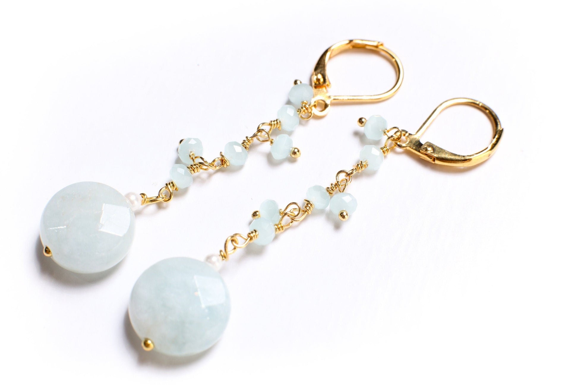 Aquamarine 12mm faceted Dime Dangling with Aqua Quartz Clusters wire wrapped Gold Leverback earrings ,Boho, Handmade, Gift for Her