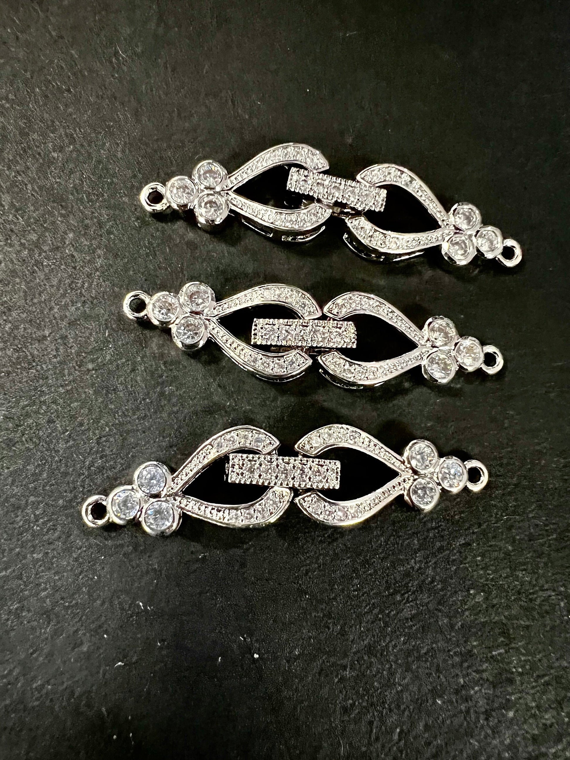 Cubic Zirconia CZ Diamond style micro pave sterling silver rhodium Fancy Clasp 40mm long. High End Jewelry Making, Folding clasp