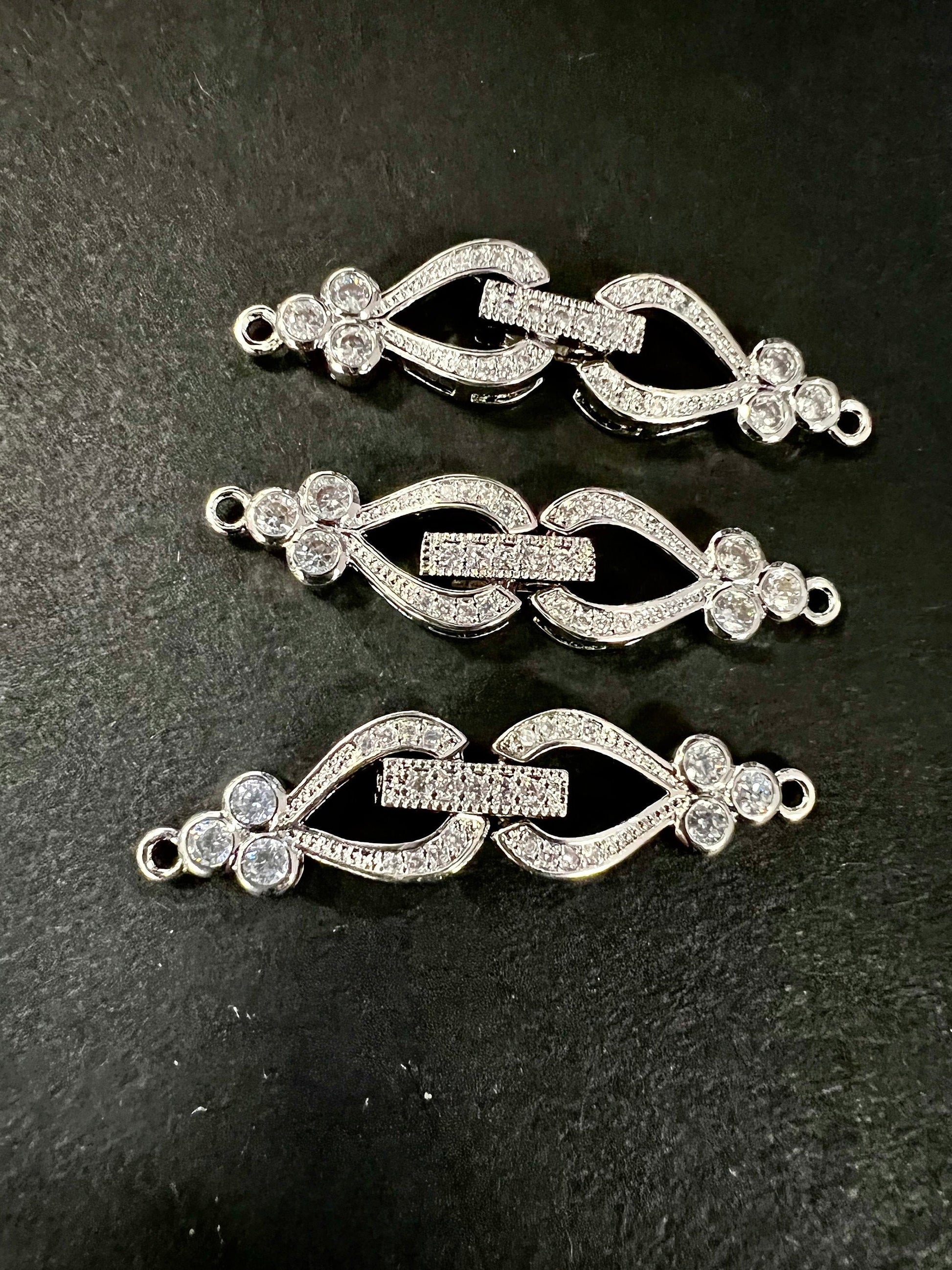 Cubic Zirconia CZ Diamond style micro pave sterling silver rhodium Fancy Clasp 40mm long. High End Jewelry Making, Folding clasp