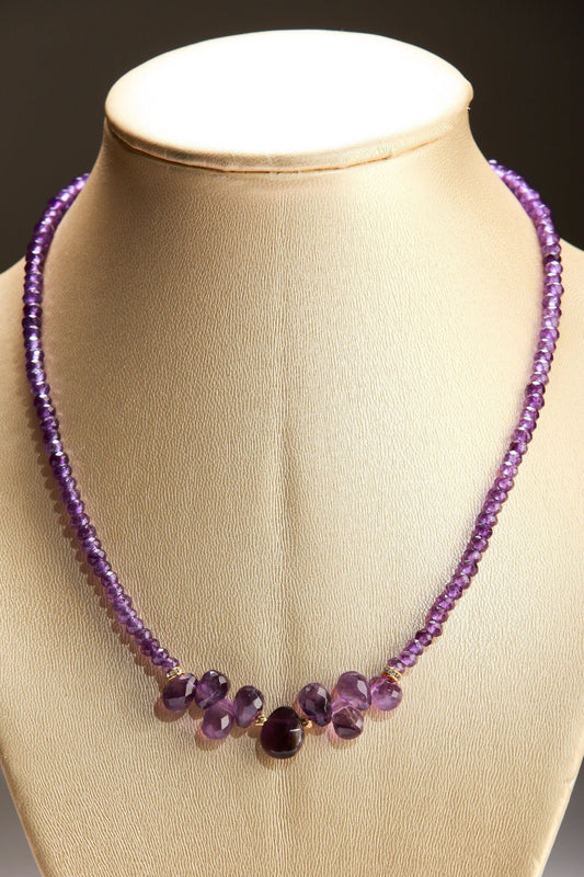 Natural Amethyst Faceted Briolette accent with Teardrop centerpiece 16&quot; Necklace with 2&quot; Extension Chain