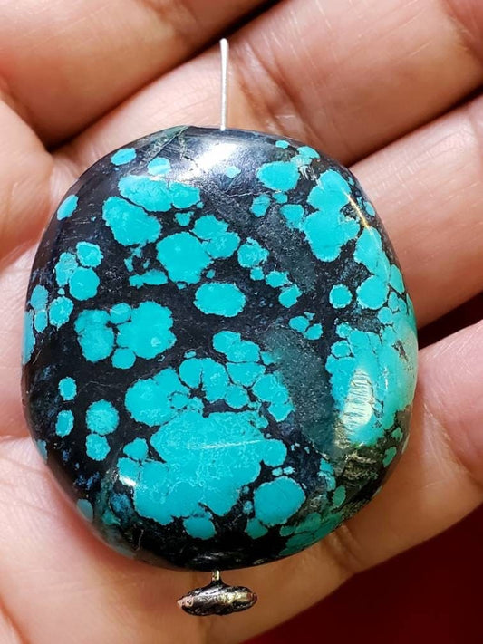Genuine Turquoise Pebble, AAA Tibetian Spiderweb Turquoise pebble 38x15mm,for jewelry Focal, pendant, palm stone or collection healing gem