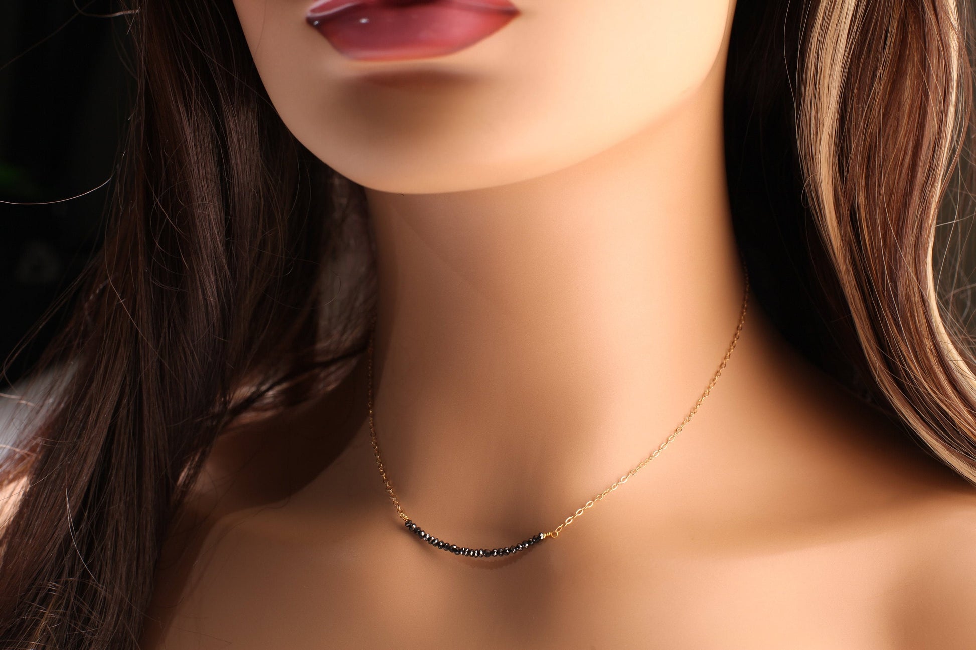 Natural Black Diamond Faceted 2mm Roundel in 14K Gold Filled or 925 Sterling Silver Bar Necklace, Precious Gift For her, healing gems.