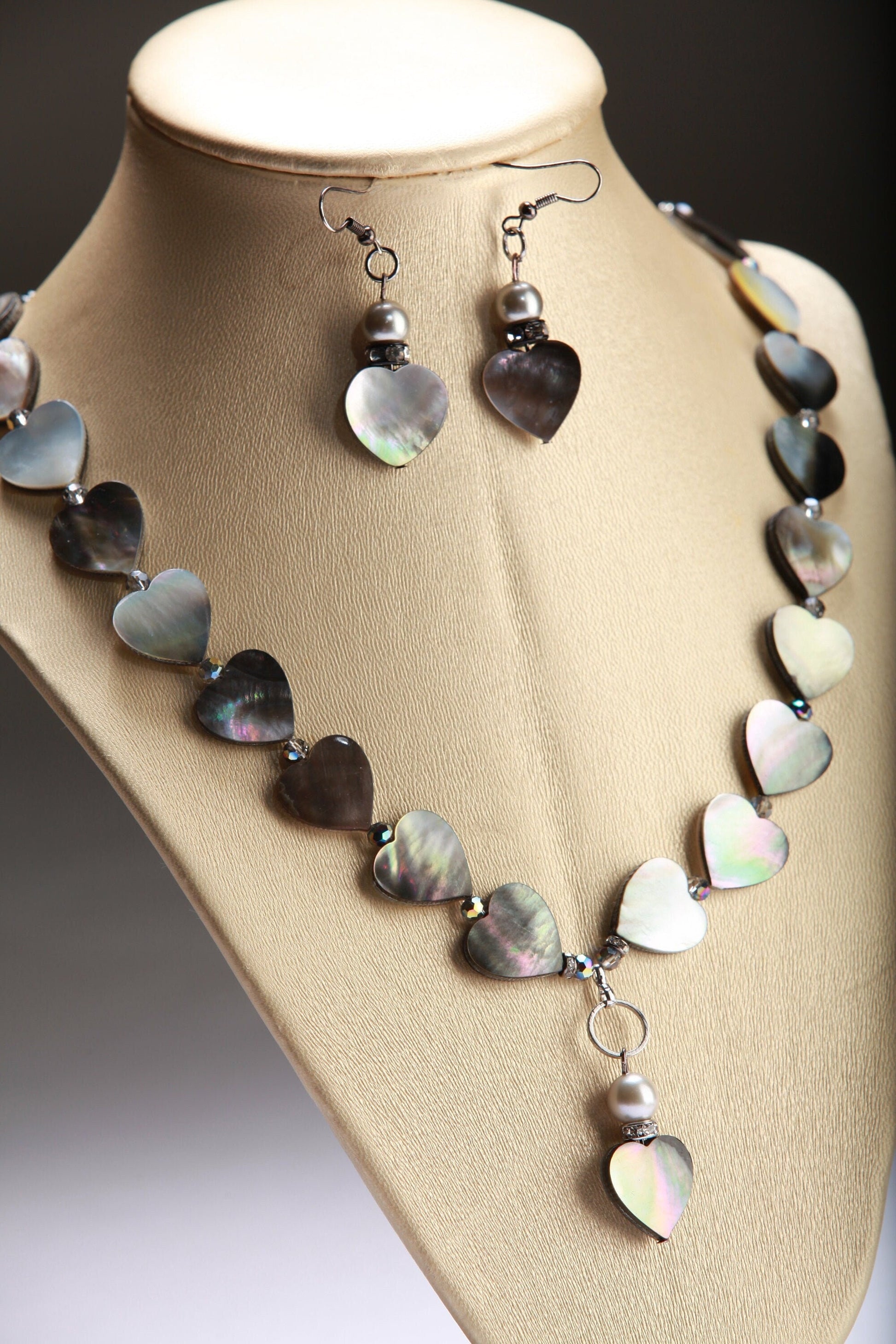 Natural Black Lip Mother of Pearl Heart Shaped 19&quot; Necklace with 2.5&quot; Extension paired with matching Healing Earrings set