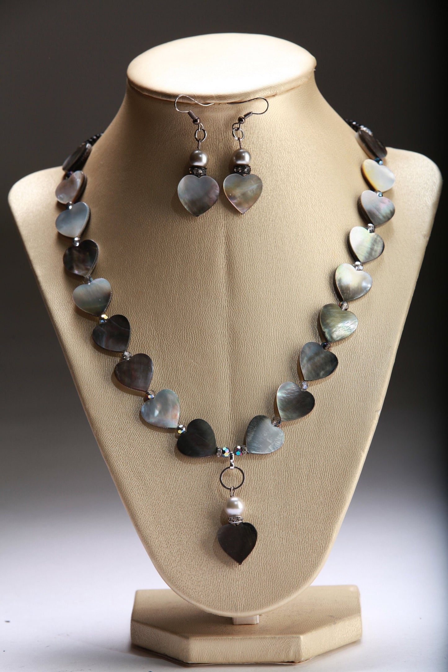 Natural Black Lip Mother of Pearl Heart Shaped 19&quot; Necklace with 2.5&quot; Extension paired with matching Healing Earrings set