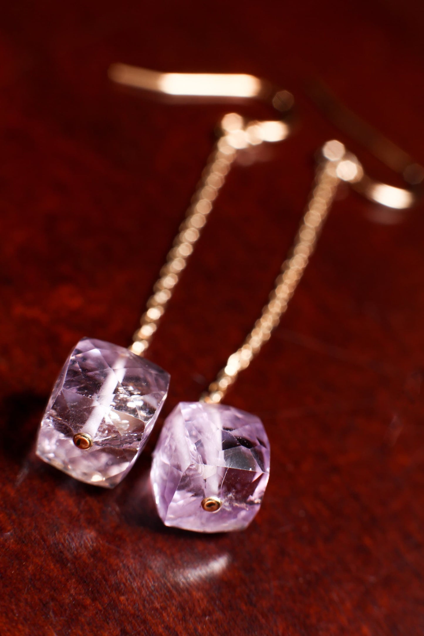 Pink Amethyst 9mm Cube dangling in 14K Gold Filled box Chain and EarWire,Soothing Gem, Natural AAA Amethyst Square are ice Cut gems. Gift