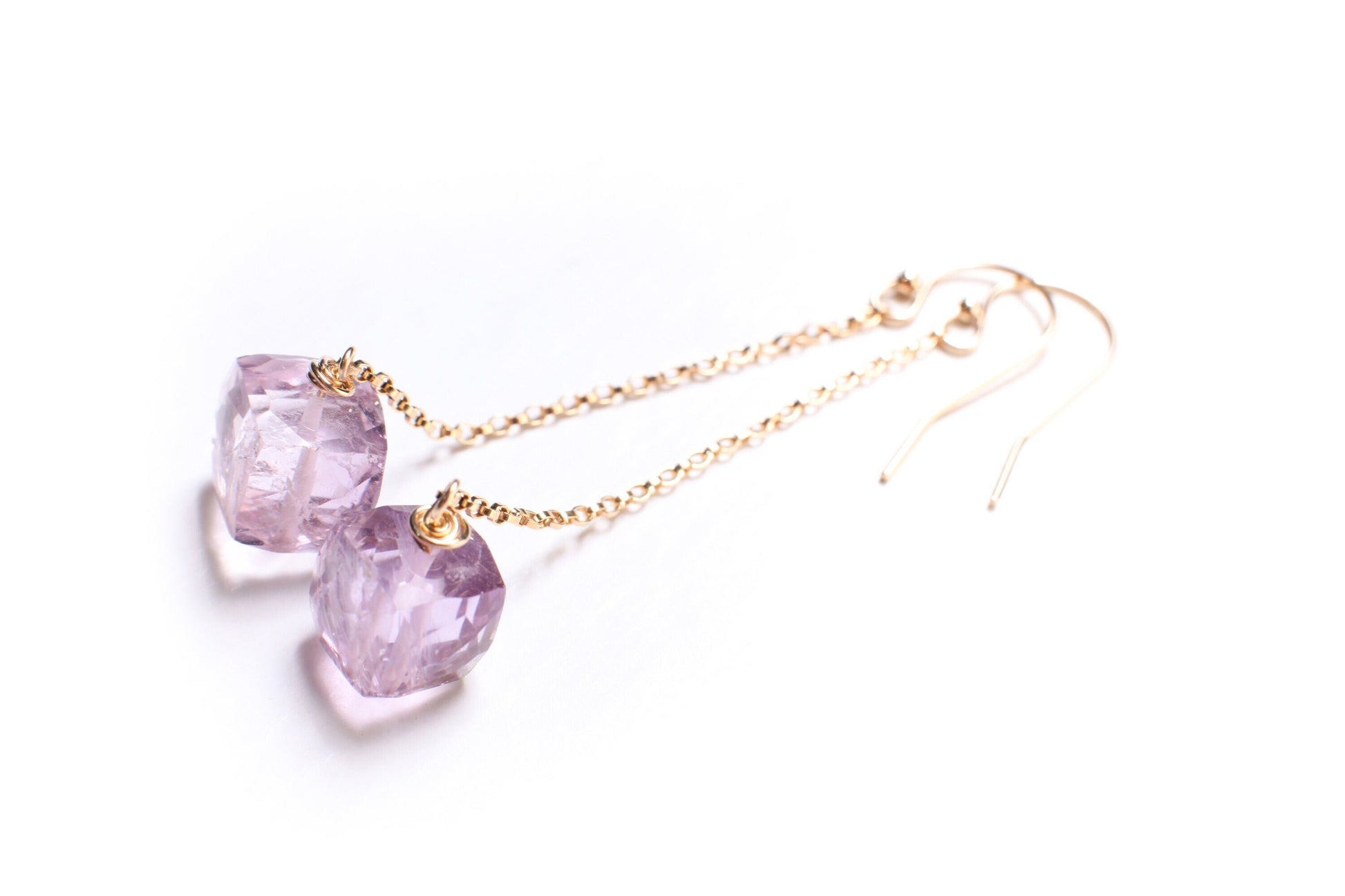 Pink Amethyst 9mm Cube dangling in 14K Gold Filled box Chain and EarWire,Soothing Gem, Natural AAA Amethyst Square are ice Cut gems. Gift