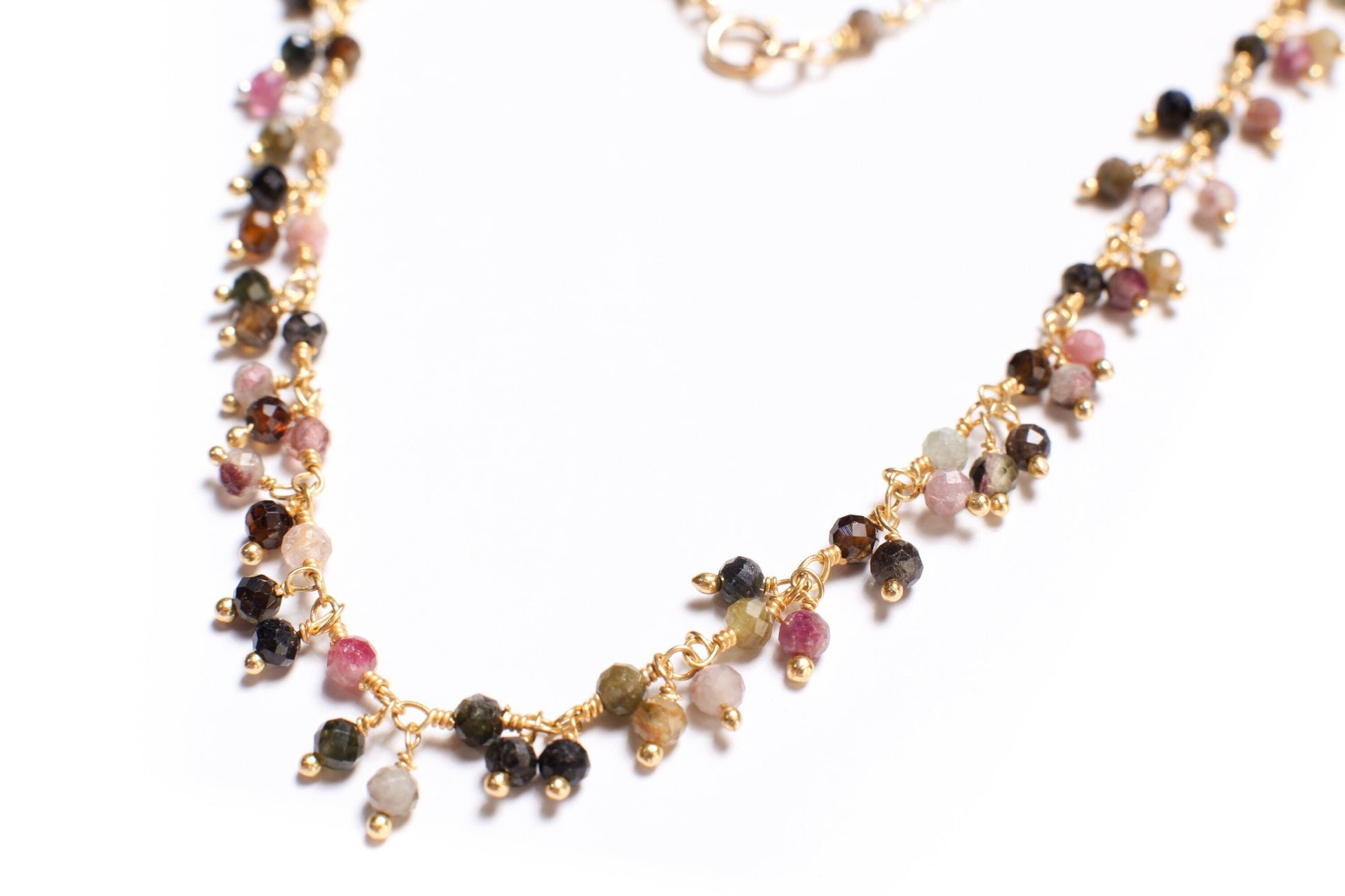 Genuine Watermelon multi Tourmaline Wire Wrapped Clusters Necklace in 14K Gold Filled Chain, Clasp, Valentine Gift