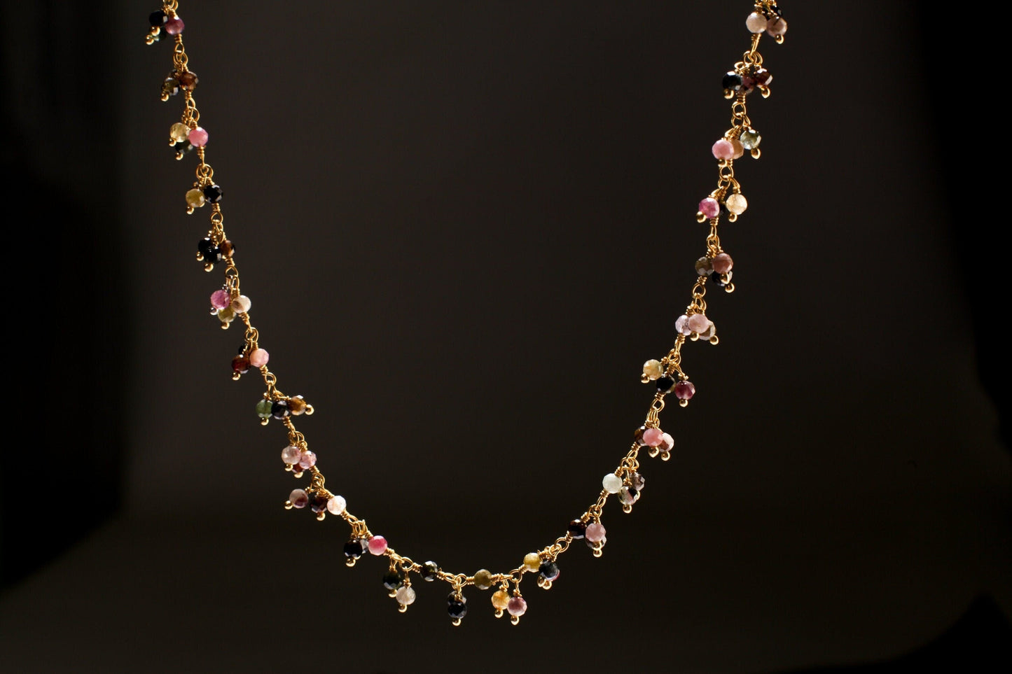 Genuine Watermelon multi Tourmaline Wire Wrapped Clusters Necklace in 14K Gold Filled Chain, Clasp, Valentine Gift