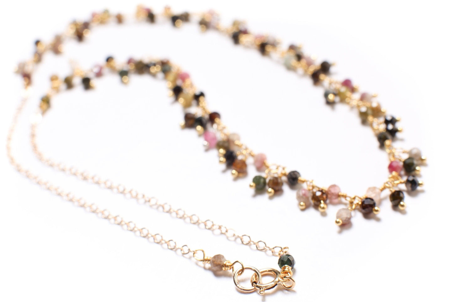 Genuine Watermelon multi Tourmaline Wire Wrapped Clusters Necklace in 14K Gold Filled Chain, Clasp, Valentine Gift