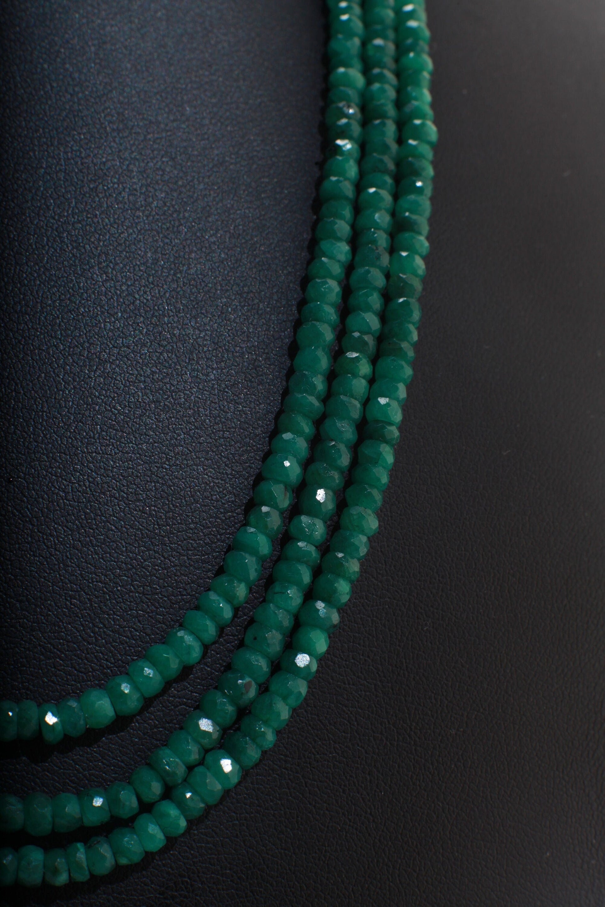 Natural Zambian Emerald Faceted Roundel 3.5-4mm Gemstone 3 line 16&quot; Necklace with 9&quot; Adjustable thread,May Birthstone, Gift