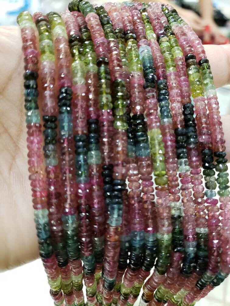 Natural Watermelon Tourmaline 4-5.5mm Rondelle, AAA Quality Faceted Micro Diamond Cut Tourmaline Rondelle, Jewelry Making Beads 13&quot; St