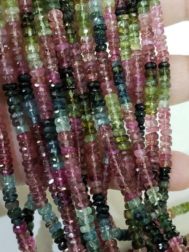 Natural Watermelon Tourmaline 4-5.5mm Rondelle, AAA Quality Faceted Micro Diamond Cut Tourmaline Rondelle, Jewelry Making Beads 13&quot; St