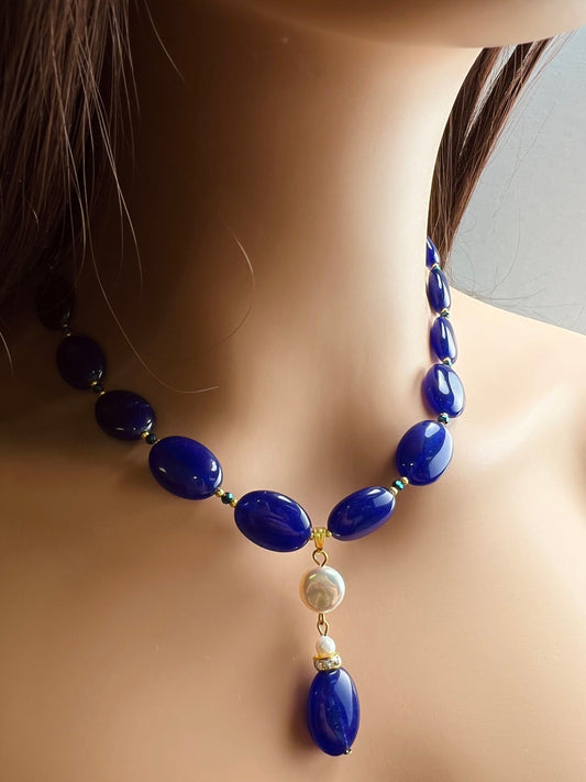 Dark blue Sapphire Jade Oval 13x18mm size Accent Freshwater coin pearl pendant 18" plus 2" Extension Necklace,Matching Earrings Jewelry Set