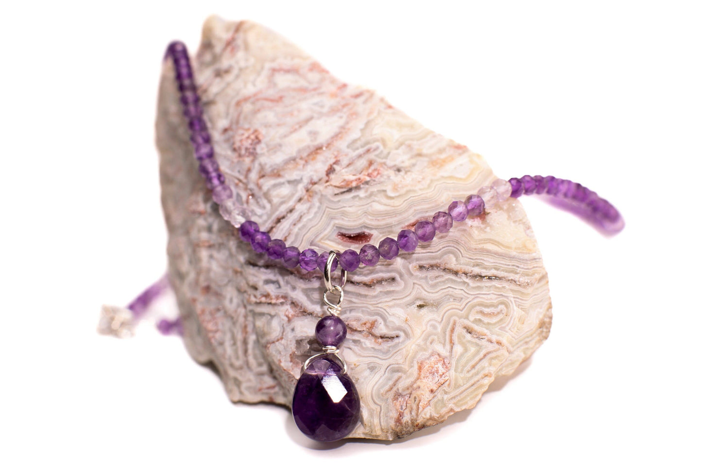 Brazilian Amethyst Faceted Wire Wrapped Pear Drop Charm with Ombre Shaded 3mm Amethyst Beaded Necklace, February Birthstone