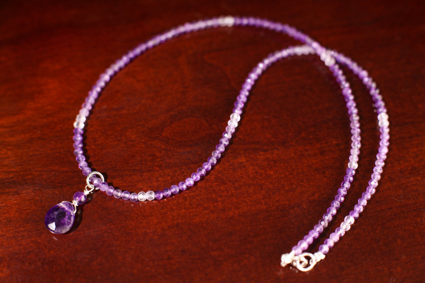 Brazilian Amethyst Faceted Wire Wrapped Pear Drop Charm with Ombre Shaded 3mm Amethyst Beaded Necklace, February Birthstone