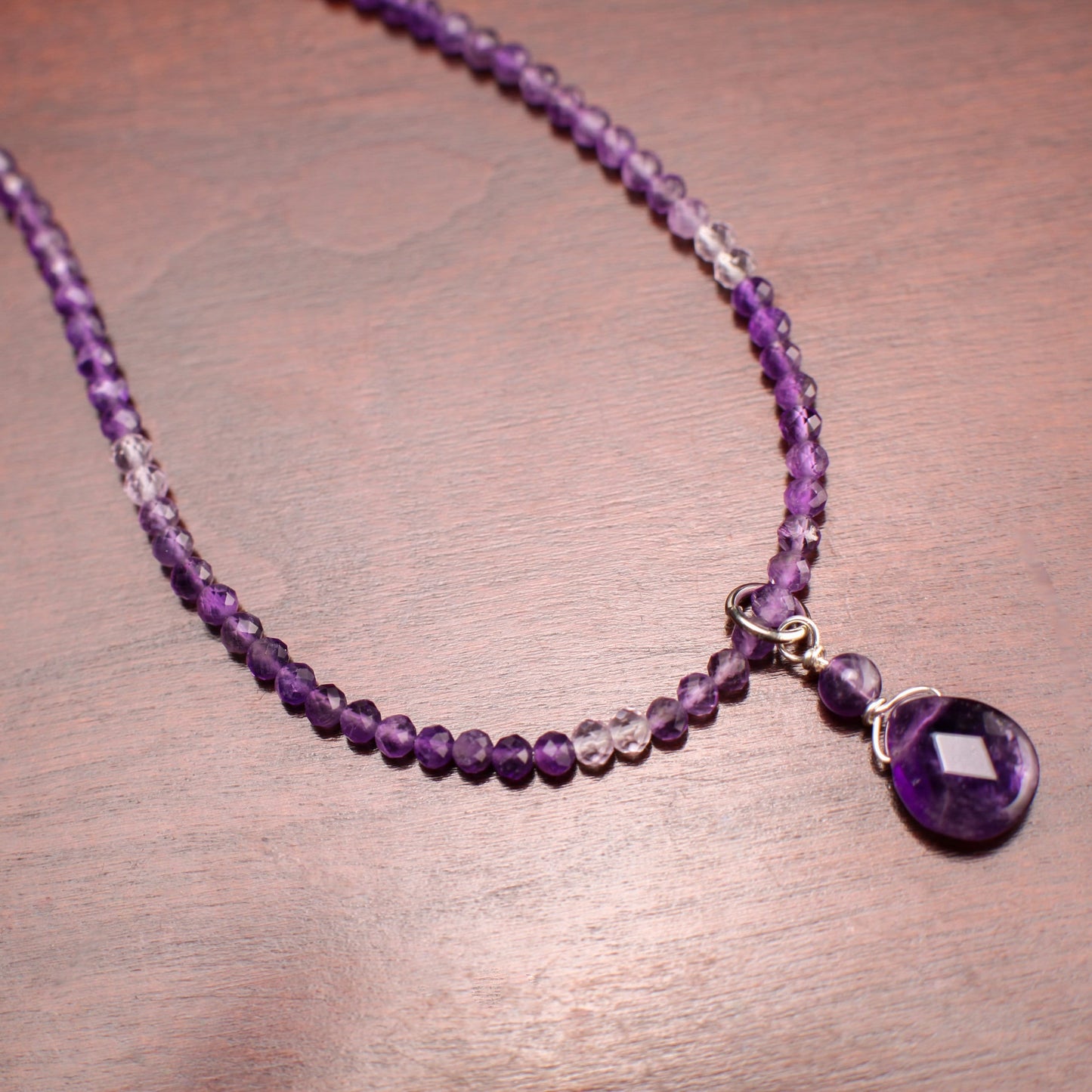 Brazilian Amethyst Faceted Wire Wrapped Pear Drop Charm with Ombre Shaded 3mm Amethyst Beaded Necklace, February Birthstone