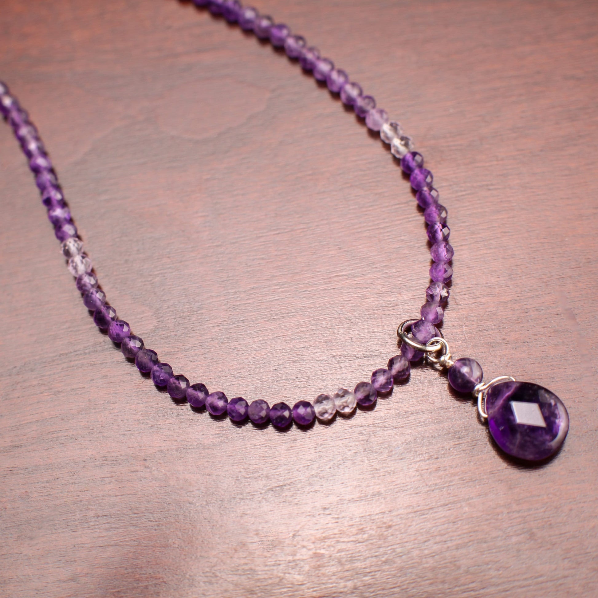 Brazilian Amethyst Faceted Wire Wrapped Pear Drop Charm with Ombre Shaded 3mm Amethyst Beaded Necklace, February Birthstone