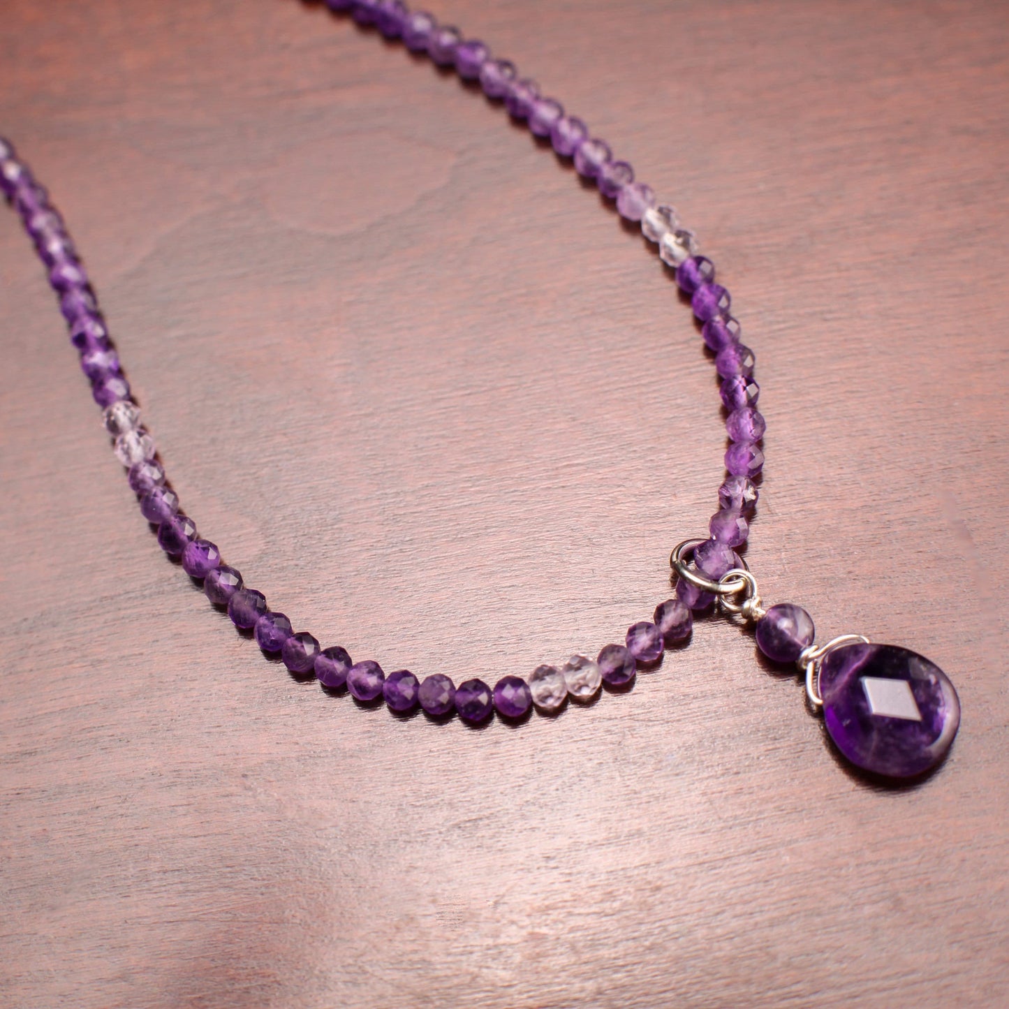 Brazilian Amethyst Faceted Wire Wrapped Pear Drop Charm with Ombre Shaded 3mm Amethyst Beaded Necklace, February Birthstone