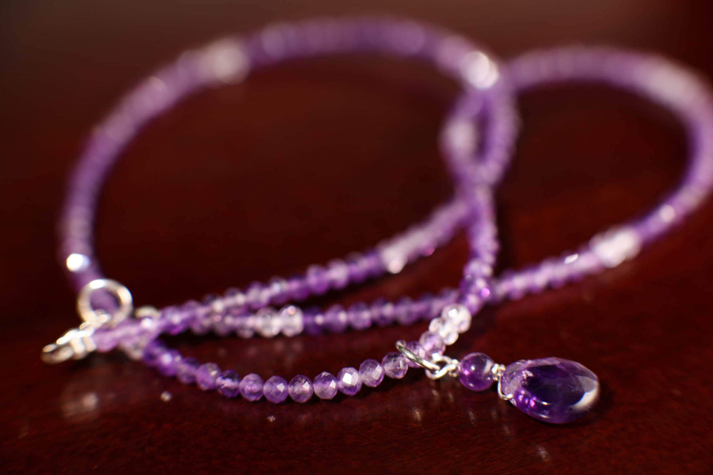 Brazilian Amethyst Faceted Wire Wrapped Pear Drop Charm with Ombre Shaded 3mm Amethyst Beaded Necklace, February Birthstone