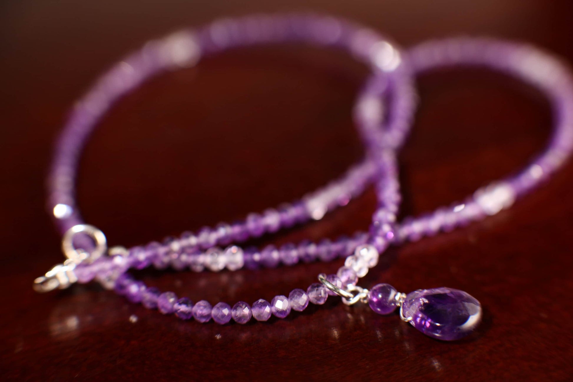 Brazilian Amethyst Faceted Wire Wrapped Pear Drop Charm with Ombre Shaded 3mm Amethyst Beaded Necklace, February Birthstone