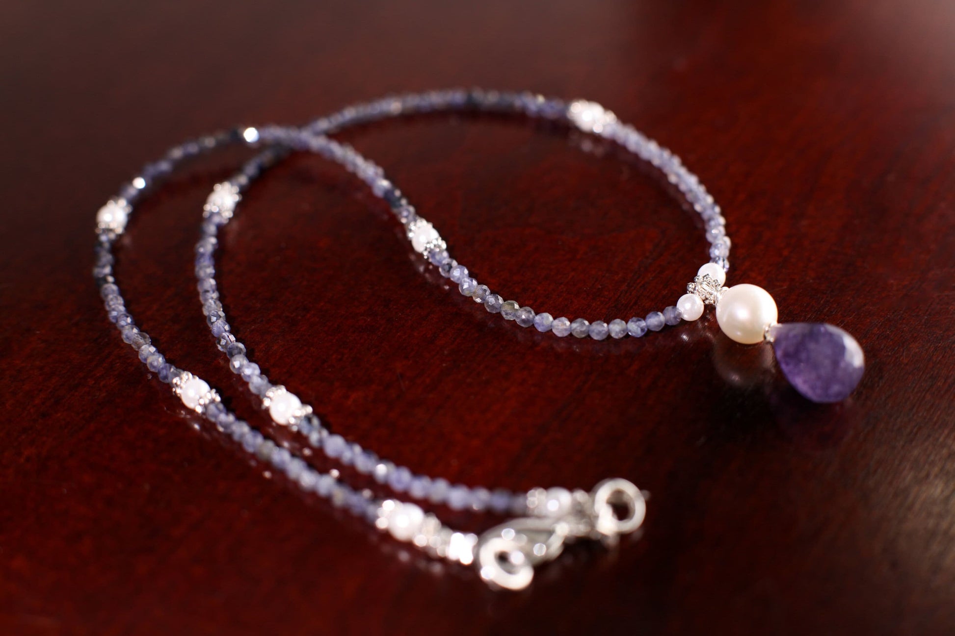 Natural Ombre Iolite Shaded 2.5mm Diamond Cut Round, Freshwater Pearl Spacers and iolite Pendant Necklace