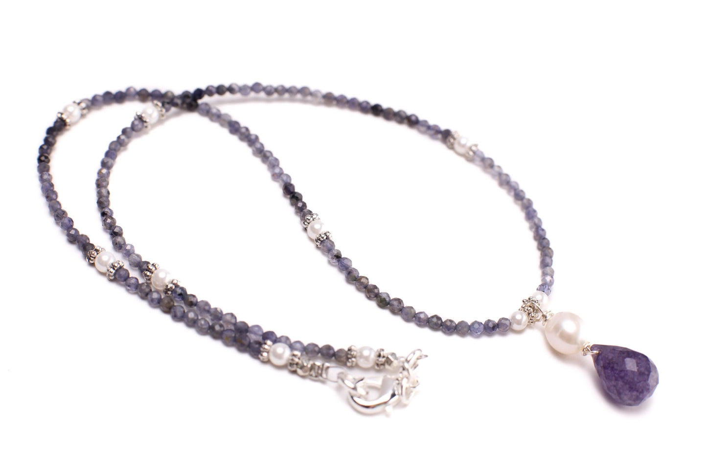 Natural Ombre Iolite Shaded 2.5mm Diamond Cut Round, Freshwater Pearl Spacers and iolite Pendant Necklace
