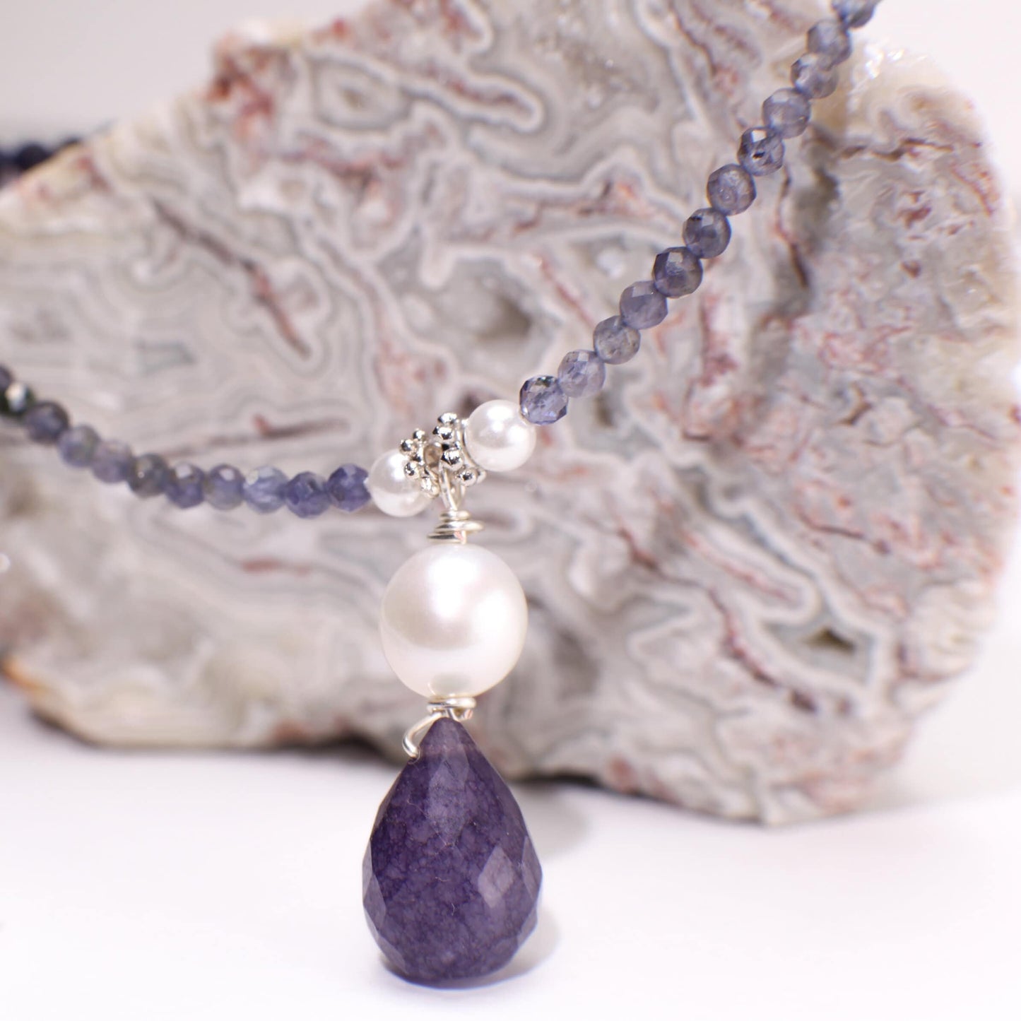 Natural Ombre Iolite Shaded 2.5mm Diamond Cut Round, Freshwater Pearl Spacers and iolite Pendant Necklace