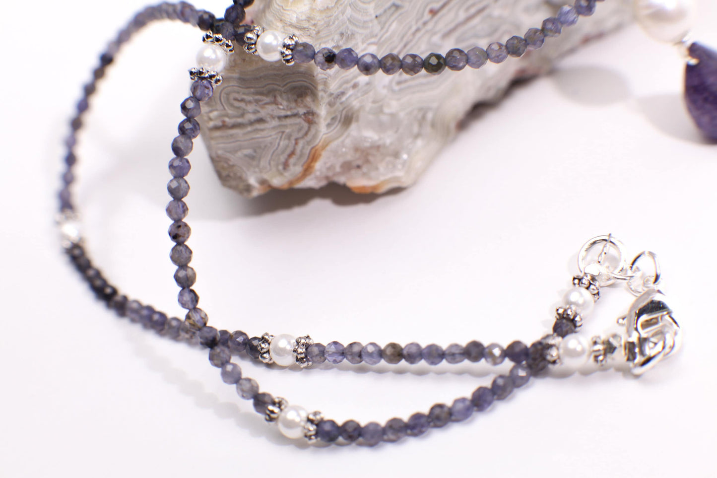 Natural Ombre Iolite Shaded 2.5mm Diamond Cut Round, Freshwater Pearl Spacers and iolite Pendant Necklace