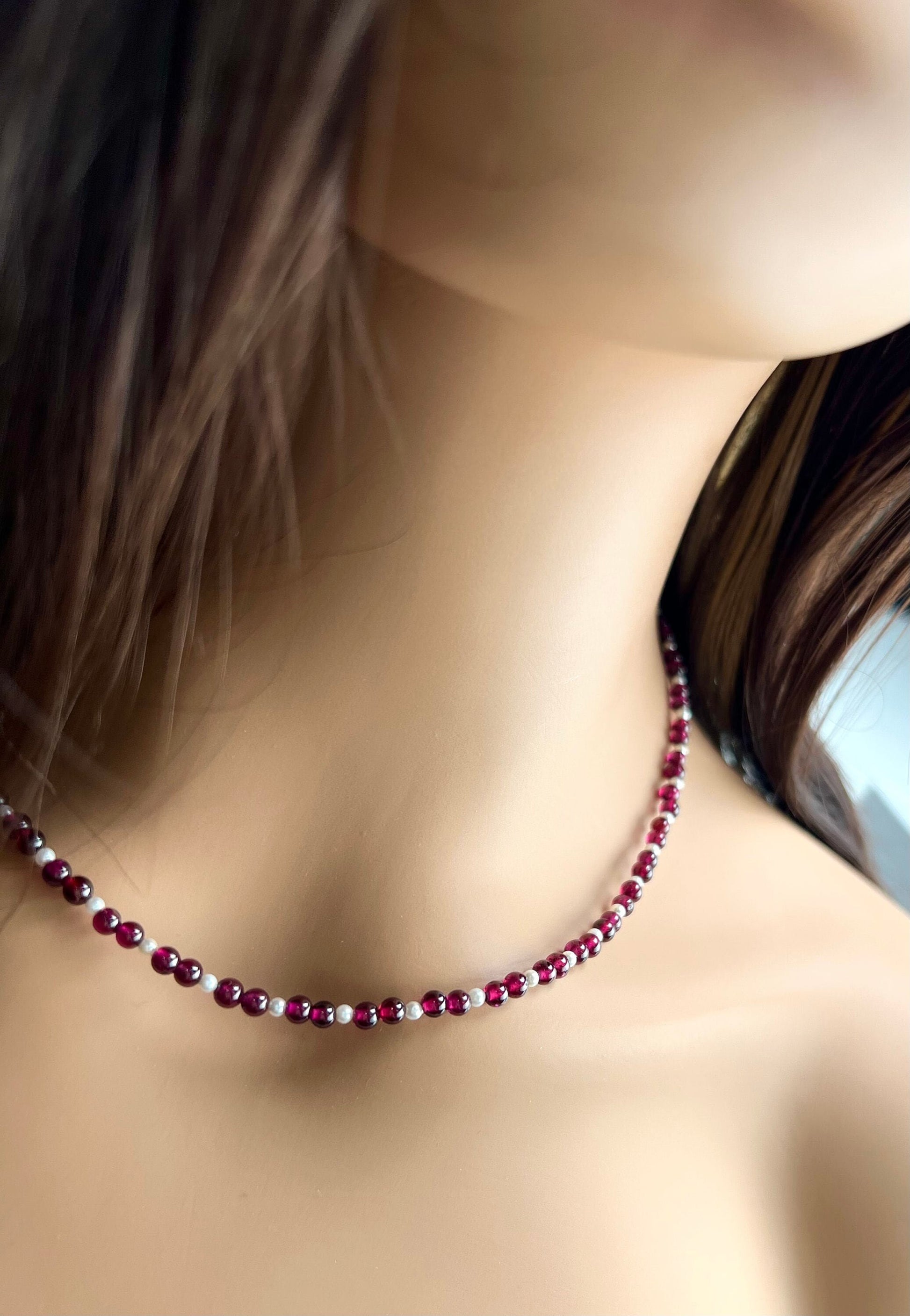Merlot Red Garnet 3mm Round Choker Layering Necklace, Freshwater Pearl Round Spacer, 925 Sterling Silver, January Birthstone, Woman Gift
