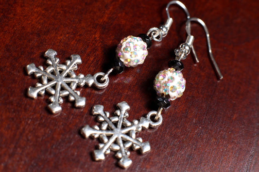 Snowflake Snowball Rhinestone Silver Beautiful Christmas Holiday Earrings