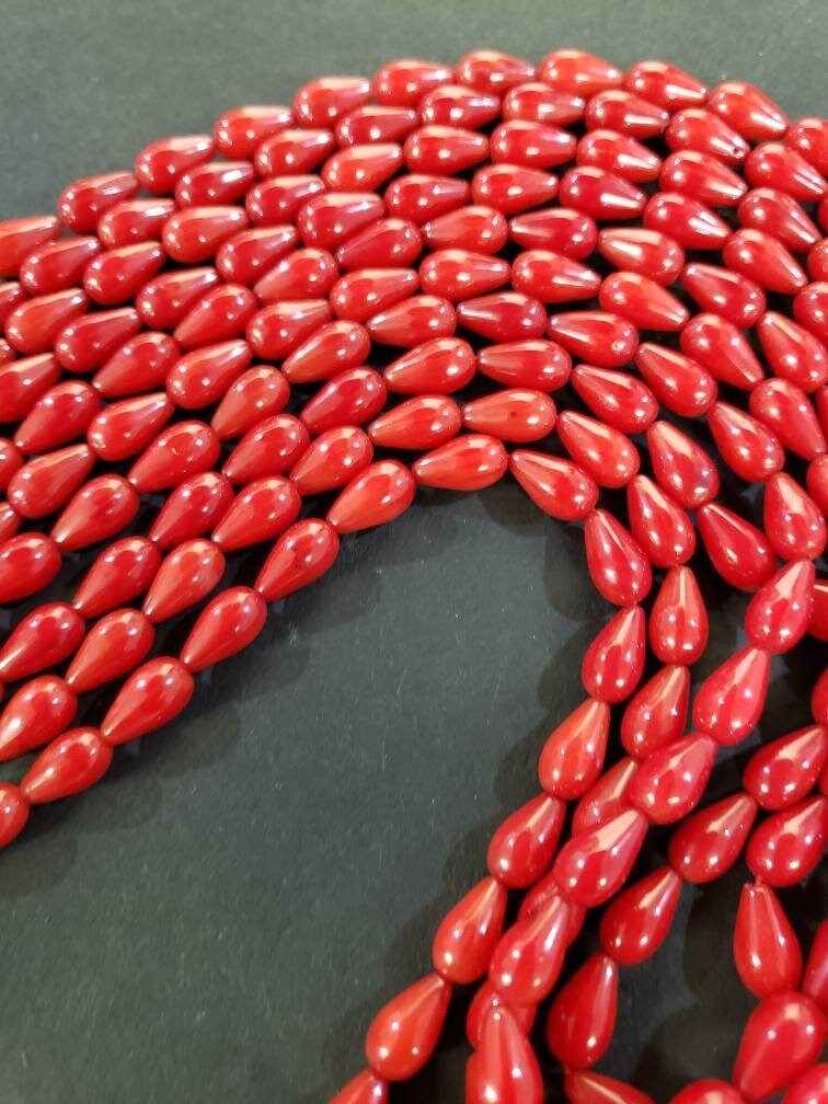 Red Coral 5x9mm Teardrop Shape Briolette Beads. 15.5&quot;, Approx. 45 pcs