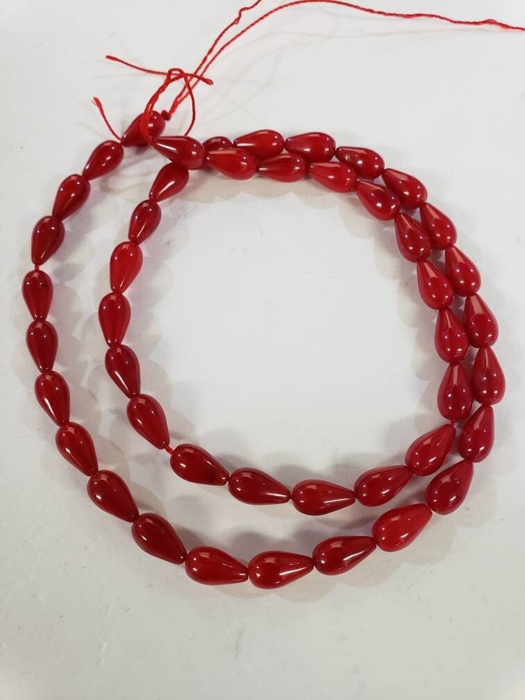 Red Coral 5x9mm Teardrop Shape Briolette Beads. 15.5&quot;, Approx. 45 pcs