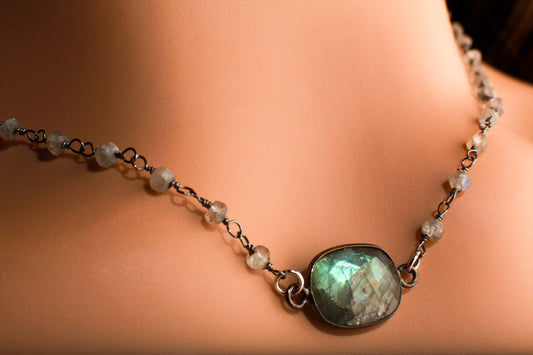 Genuine Freshwater Pearl, Moonstone, Labradorite Silver Oxidized Bezel with Matching Gemstone Beaded Extension Chain