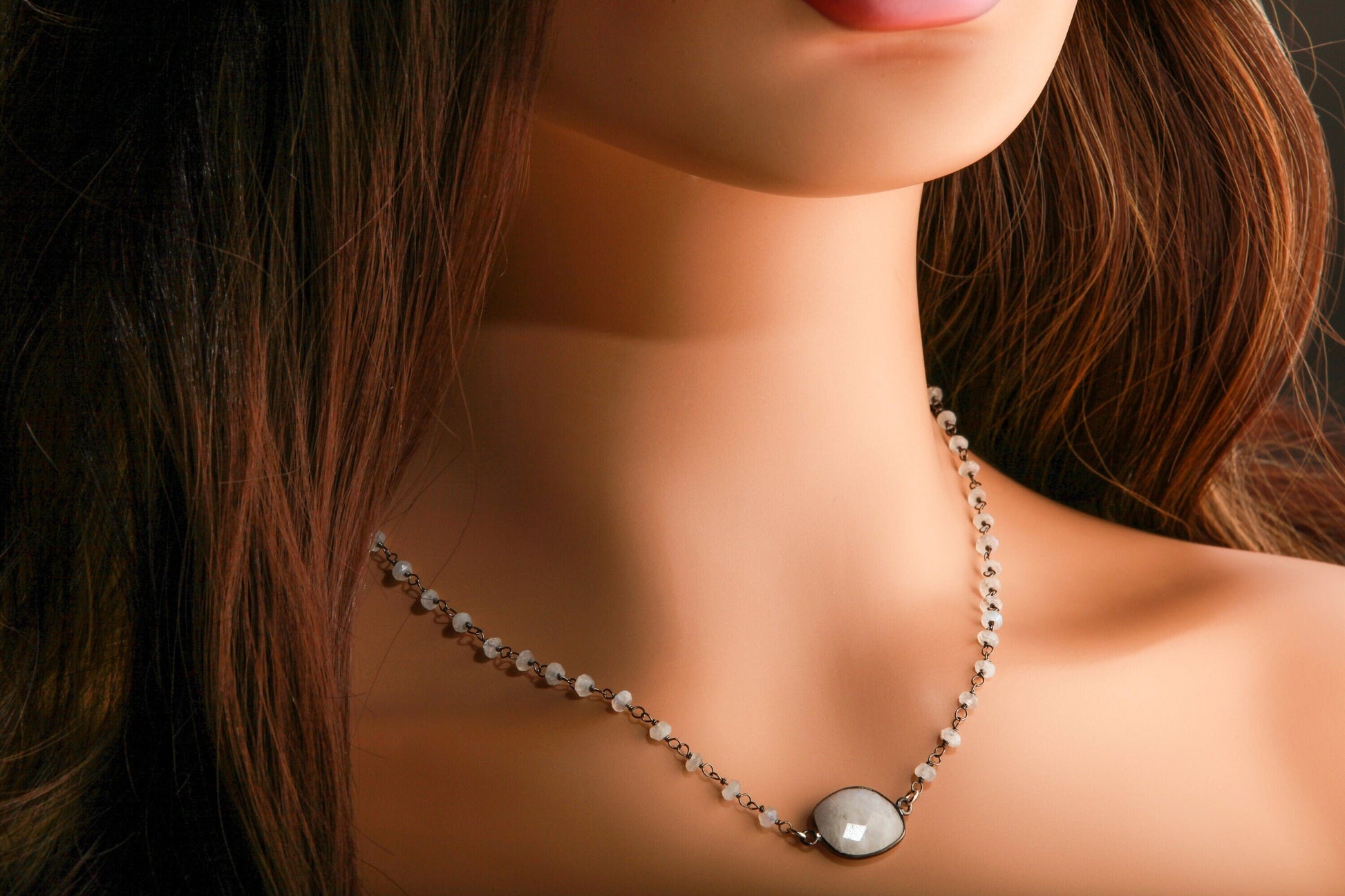 Genuine Freshwater Pearl, Moonstone, Labradorite Silver Oxidized Bezel with Matching Gemstone Beaded Extension Chain