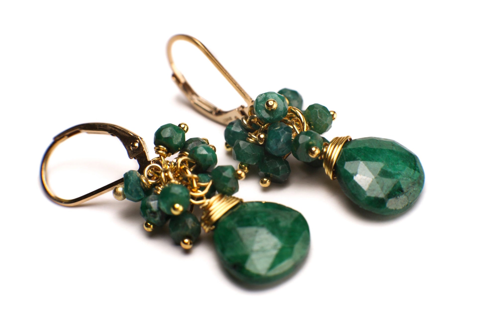 Natural Emerald Faceted Heart Briolette Teardrop, Natural Emerald Clusters in 14K Gold Filled Leverback Gemstones Earrings, Gift For Her