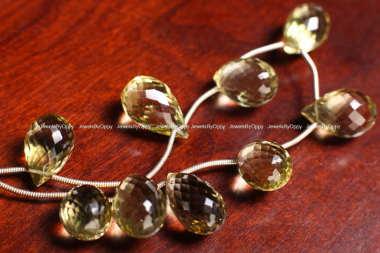 Lemon Quartz Faceted Briolette Drop 10x15-10x17mm, Natural AAA Graduated Lemon Quartz Jewelry Making Necklace, Bracelet Beads 9 Pieces