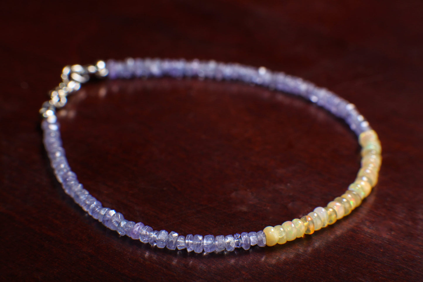 Tanzanite Faceted 3mm Rondelle with Ethiopian Opal Gemstone Bracelet in 925 Sterling Silver Chain and Clasp, Gift for her