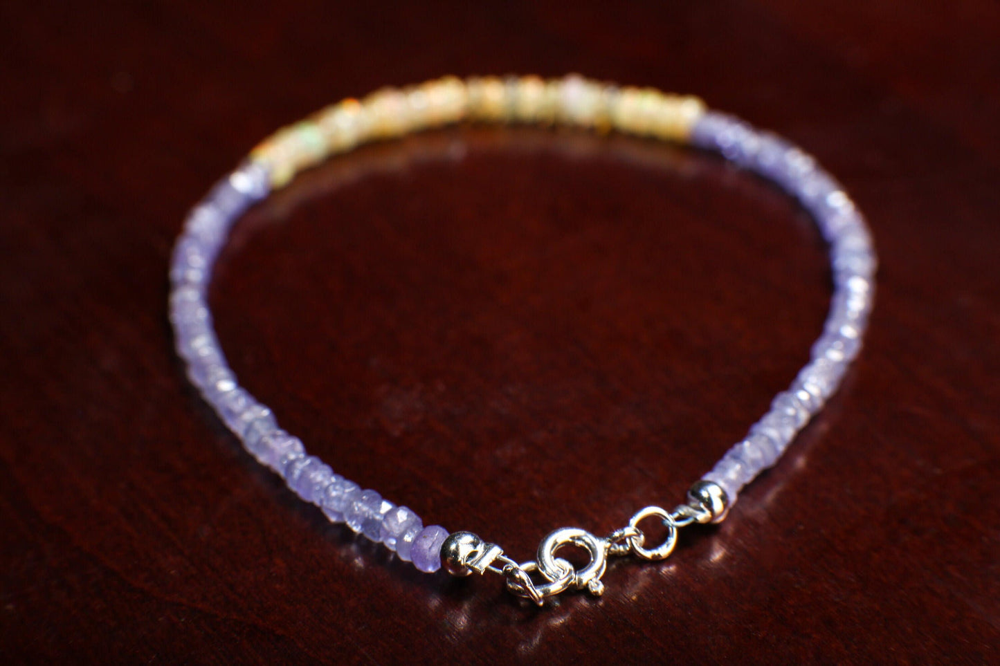 Tanzanite Faceted 3mm Rondelle with Ethiopian Opal Gemstone Bracelet in 925 Sterling Silver Chain and Clasp, Gift for her