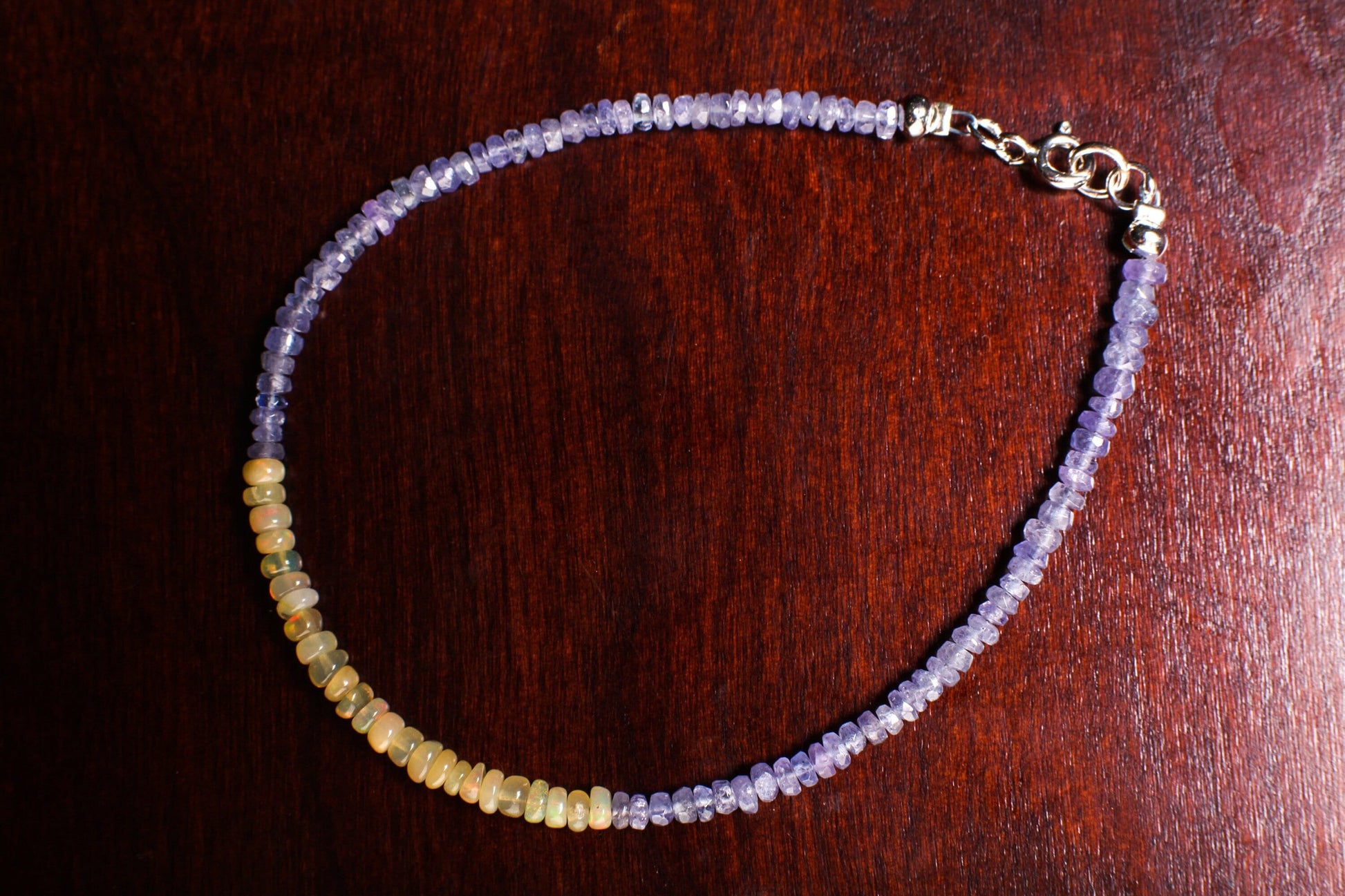 Tanzanite Faceted 3mm Rondelle with Ethiopian Opal Gemstone Bracelet in 925 Sterling Silver Chain and Clasp, Gift for her