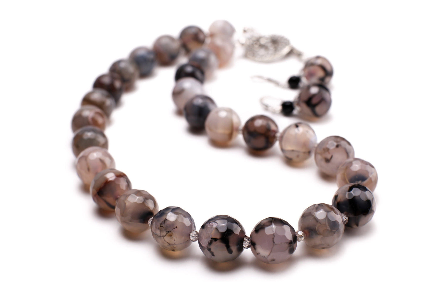 Natural Fire Agate, Dragon Vein Agate,14mm Faceted large Round 19" Toggle Necklace Matching Earrings Jewelry Set.
